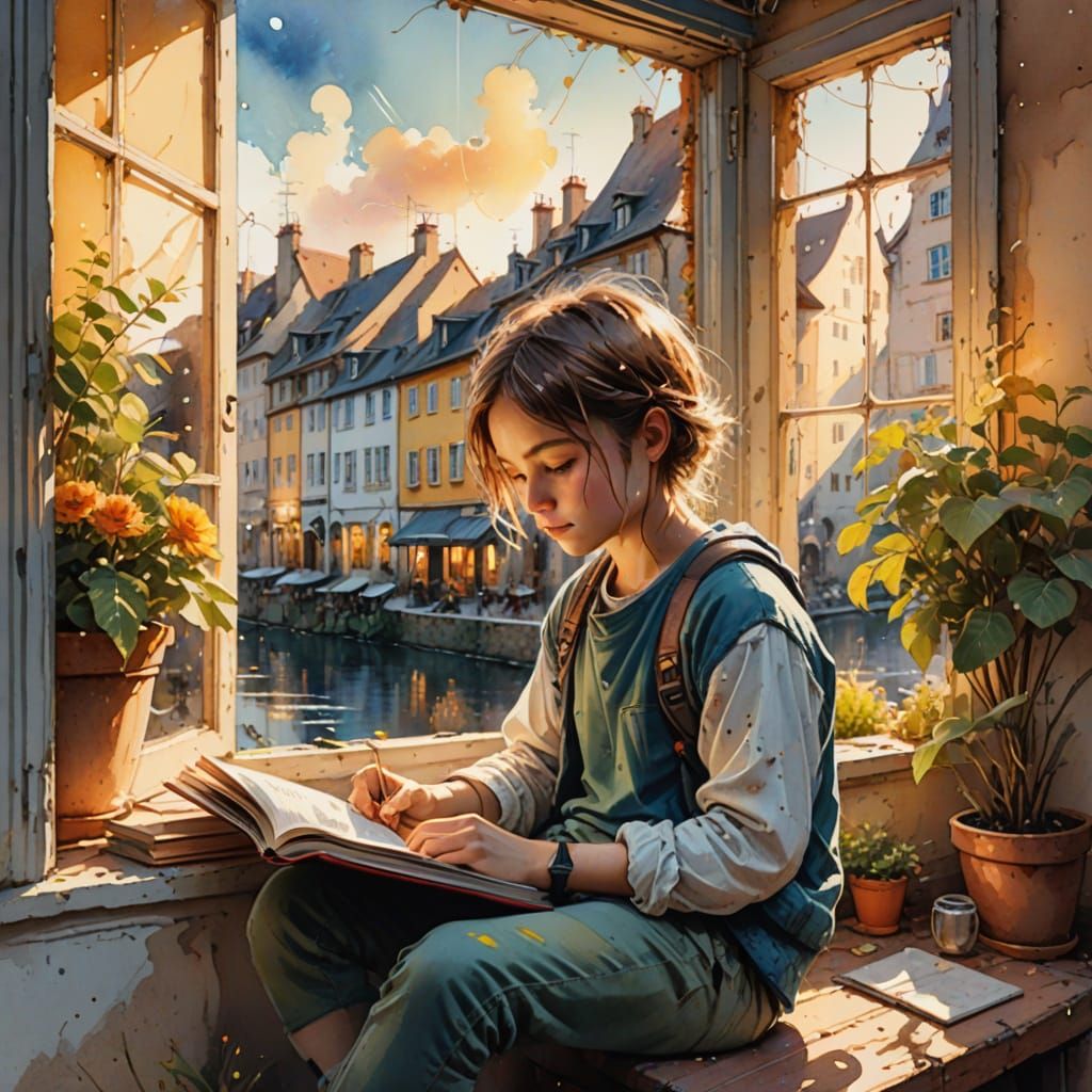 Whimsical Watercolour Village Scene