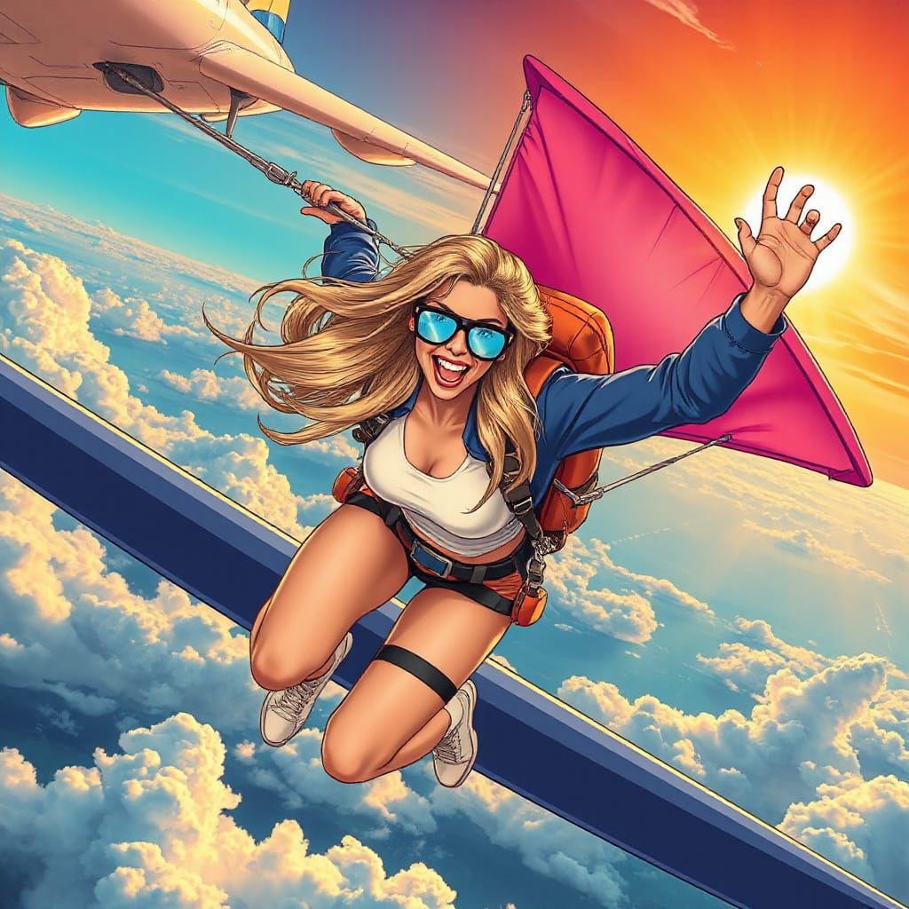 Sassy Woman Skydiving with Pink Parachute in Comic Style
