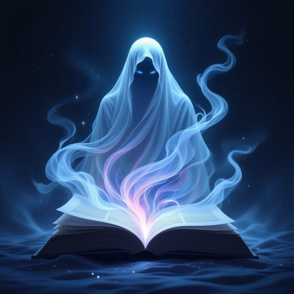 Ghostly Figure Emerges from Spectral Book in Abstract Style