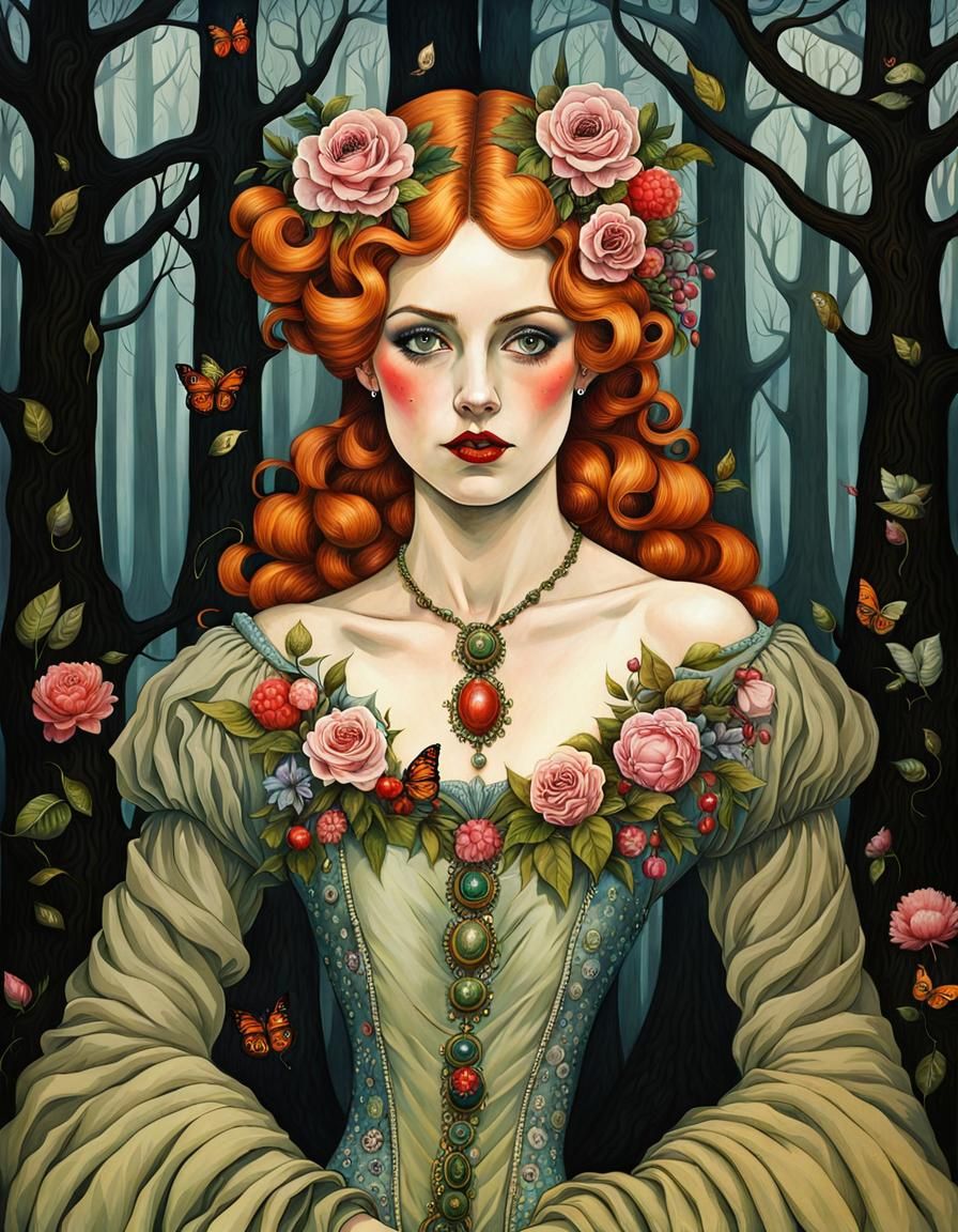 Baroque Ice Queen Vampire Portrait in Gouache Ink