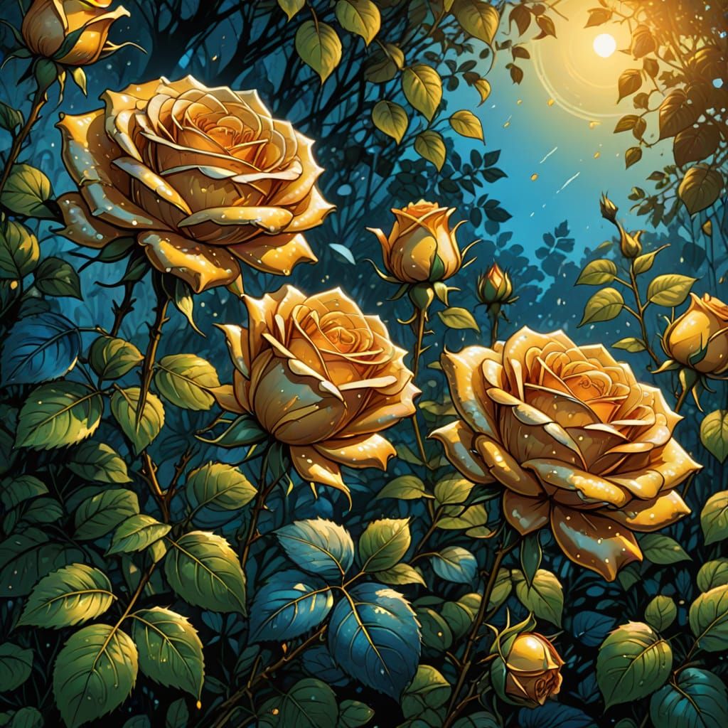 Golden Roses in Comic Book Art Style