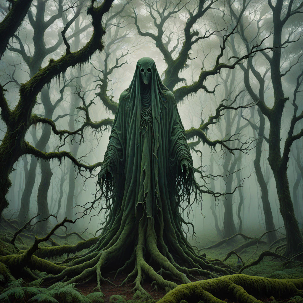 Ethereal Ghost Amidst Muted Forest Landscape