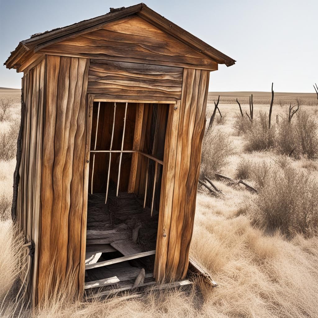 Dilapidated Outhouse in Desolate Monochrome Field