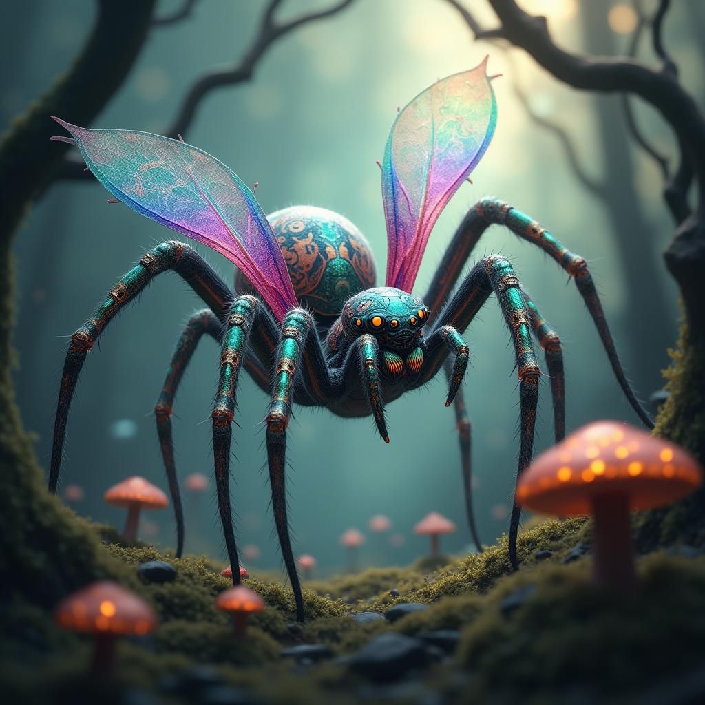 Iridescent Winged Spider in Mystical Forest