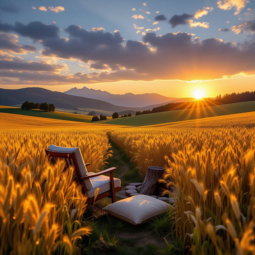 Bedroom Chair in Golden Wheat Field at Sunset