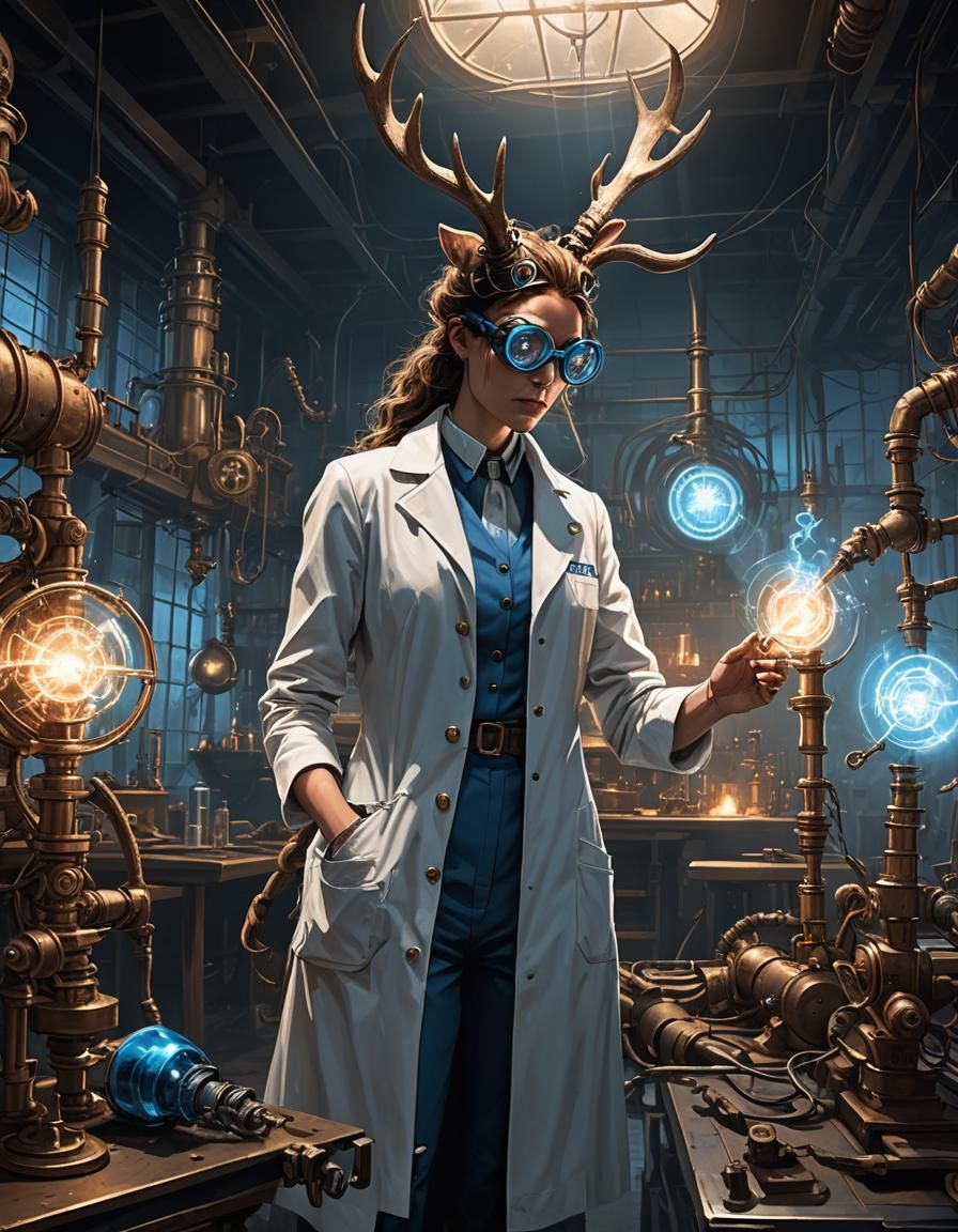 Young woman mad scientist conducts laboratory experiments on a jackalope. Weird science vibe. Pulp aesthetic.