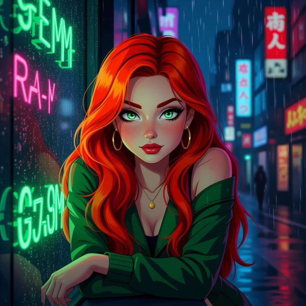 Cyberpunk Woman with Fiery Hair in Neon City