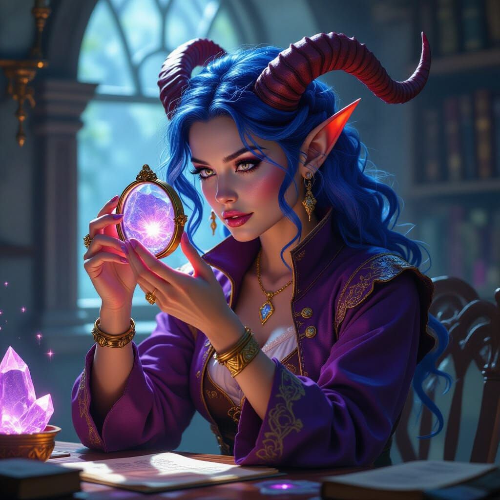 Tiefling Mage Examining Crystal: Photorealistic Style