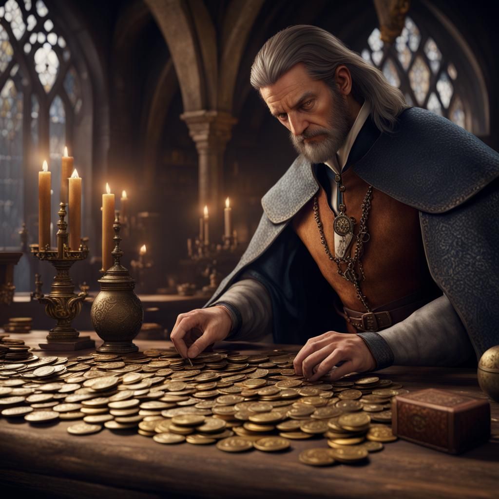 Medieval Treasurer Counting Coins: Fantasy Concept Art