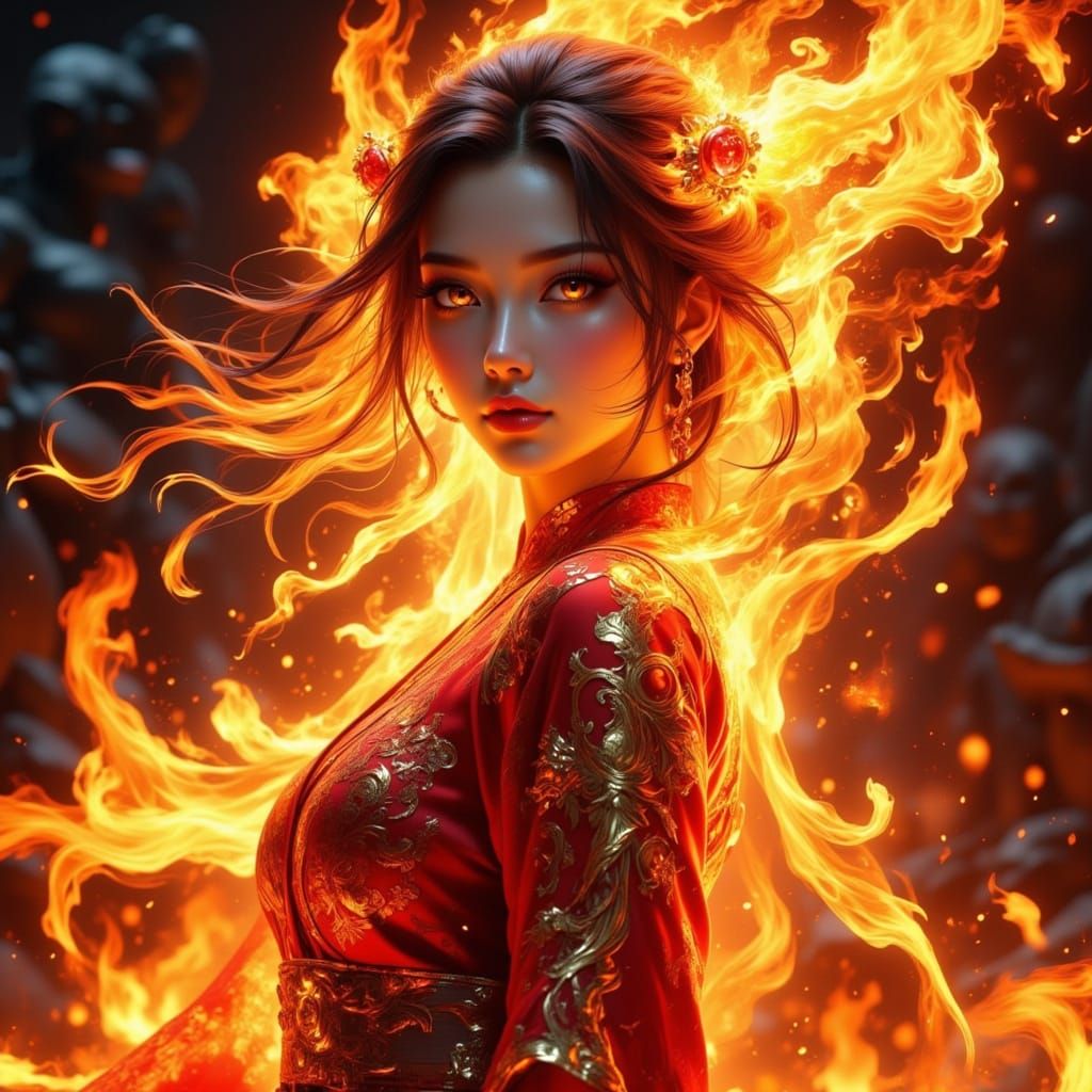 Fire Spirit Woman in Detailed 3D Anime Style