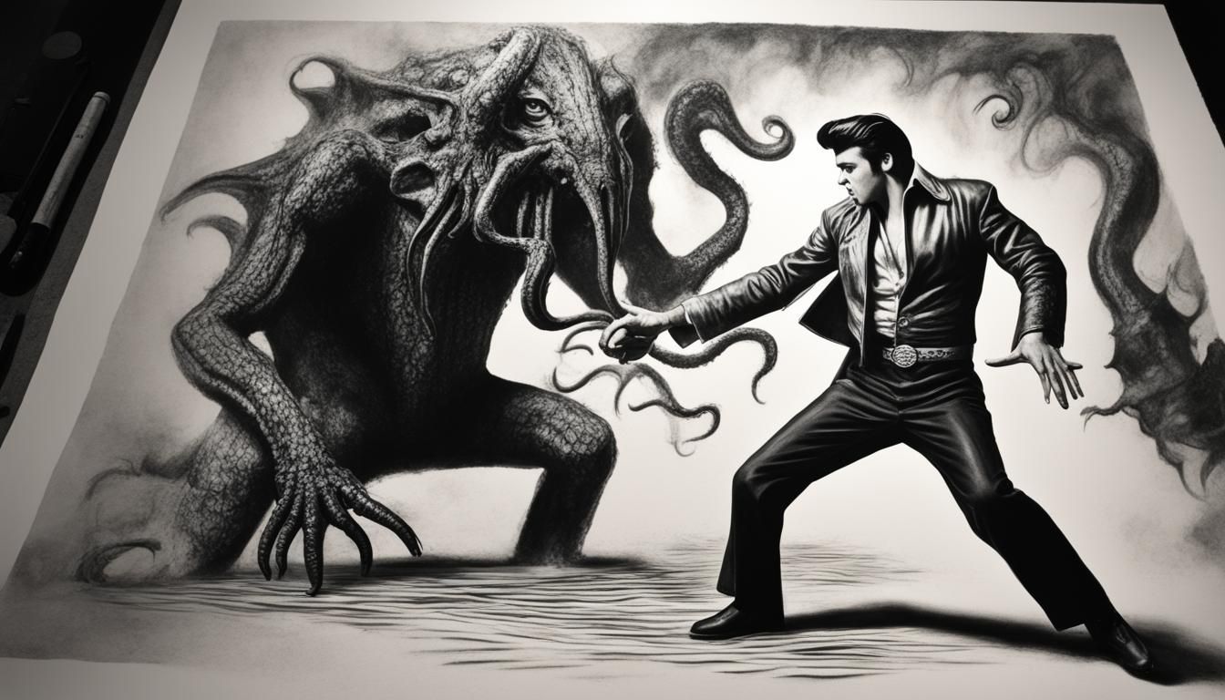 Elvis Presley Versus Cthulhu in Charcoal Ink