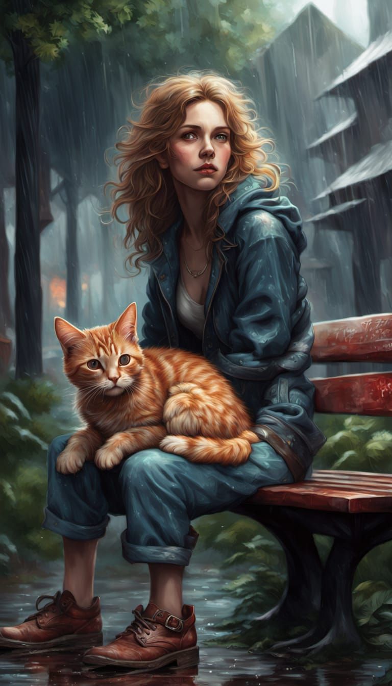 Homeless Woman and Kitten in Digital Art Style