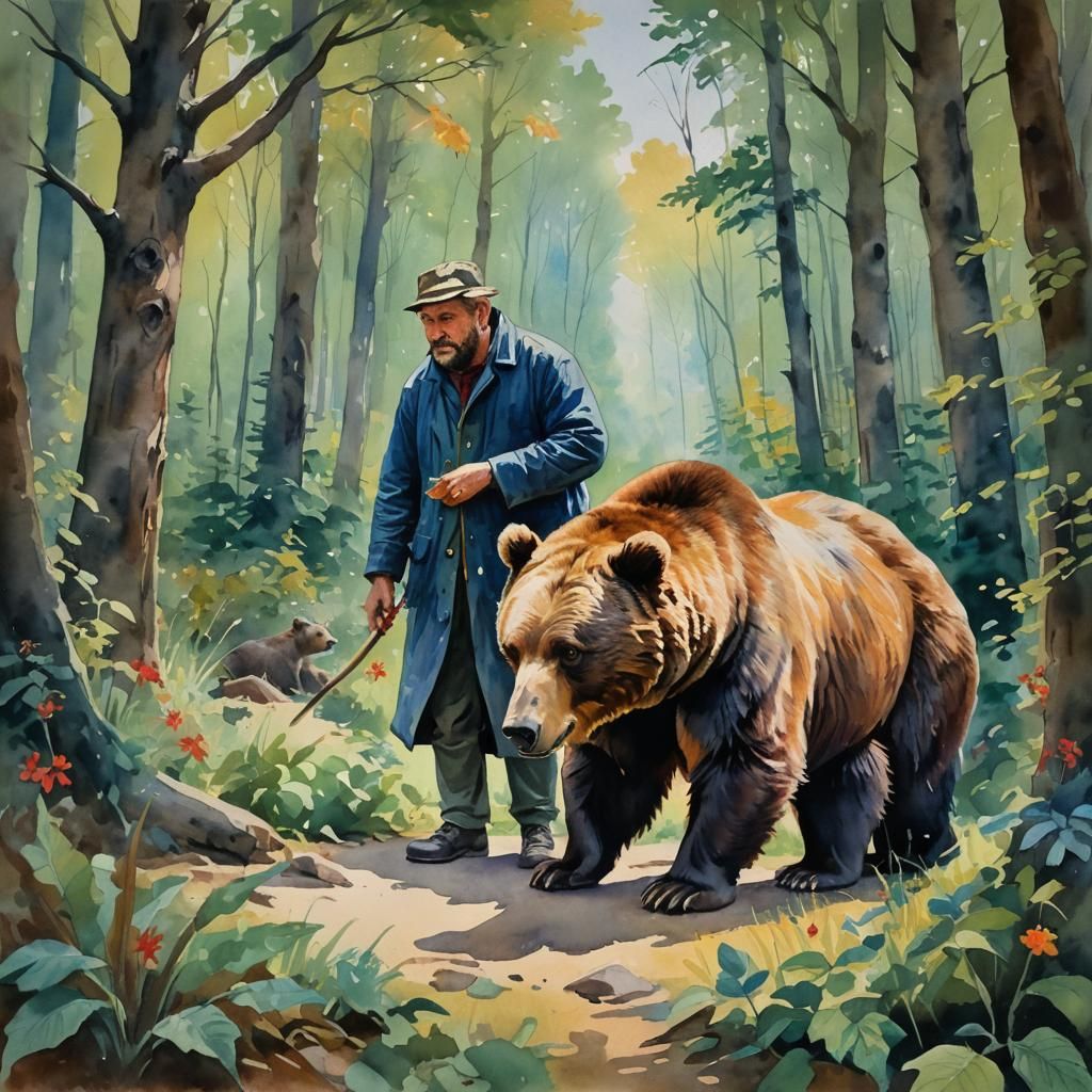 Respectful Man Attends Bear King in Gouache Style