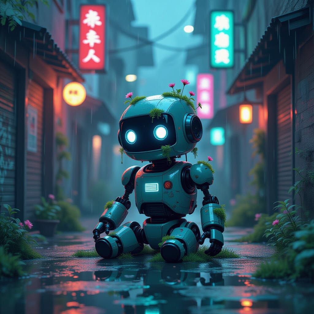 Robot in Cyberpunk Alley with Bioluminescent Moss