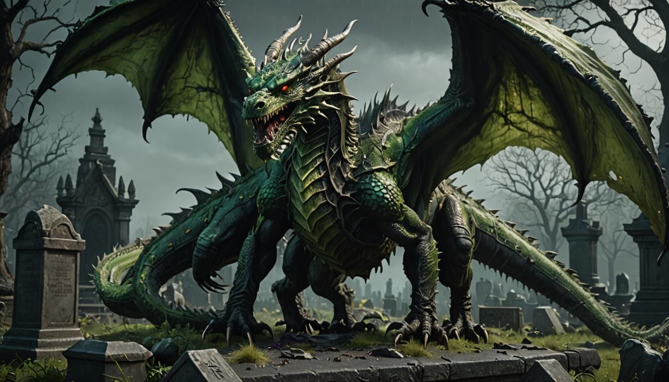 Majestic Undead Dragon Roaring in Graveyard, Hyperrealistic