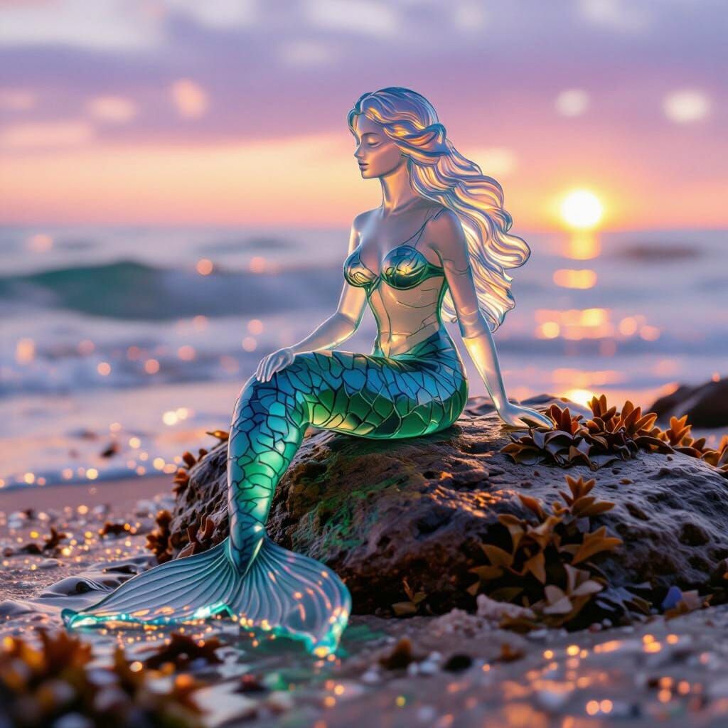 Sea Glass Mermaid on Beach at Sunset