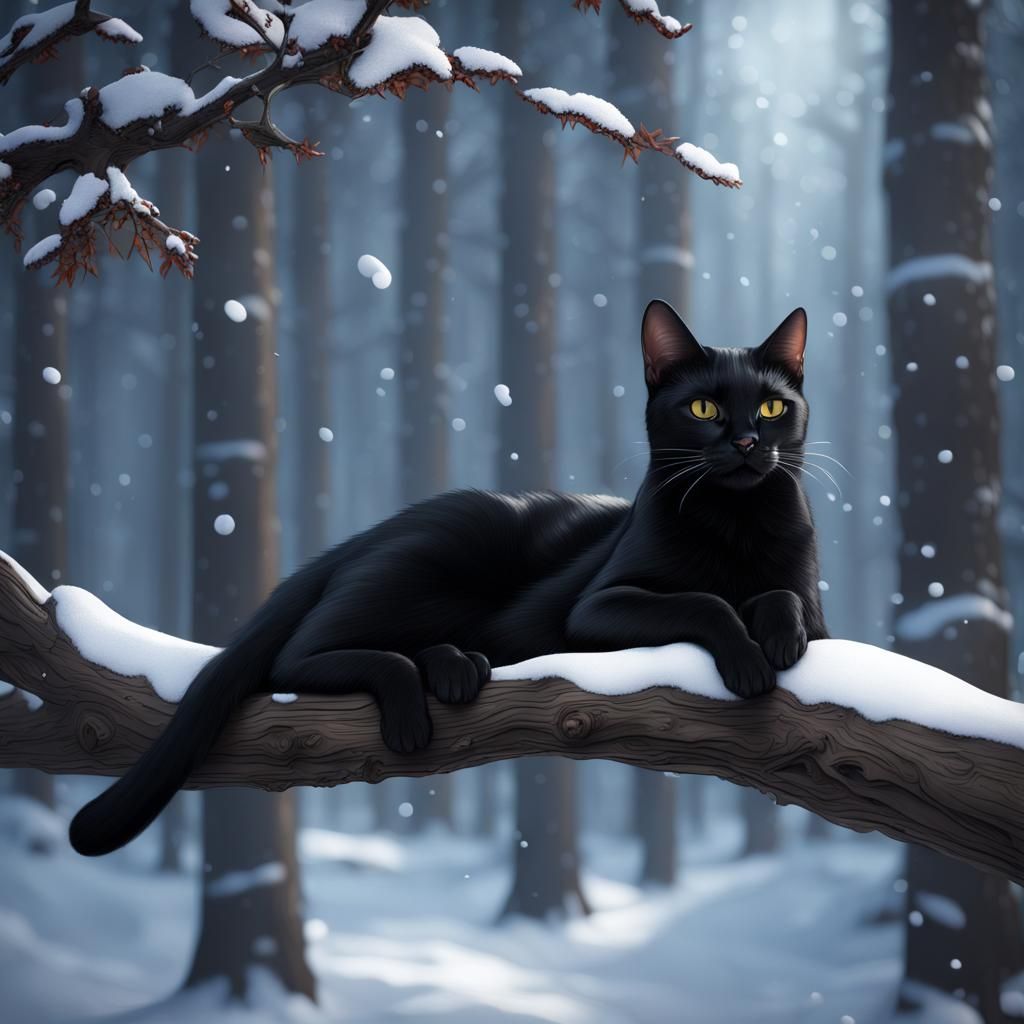 Bombay Cat Sleeping in Snowy Forest: Detailed Matte Painting