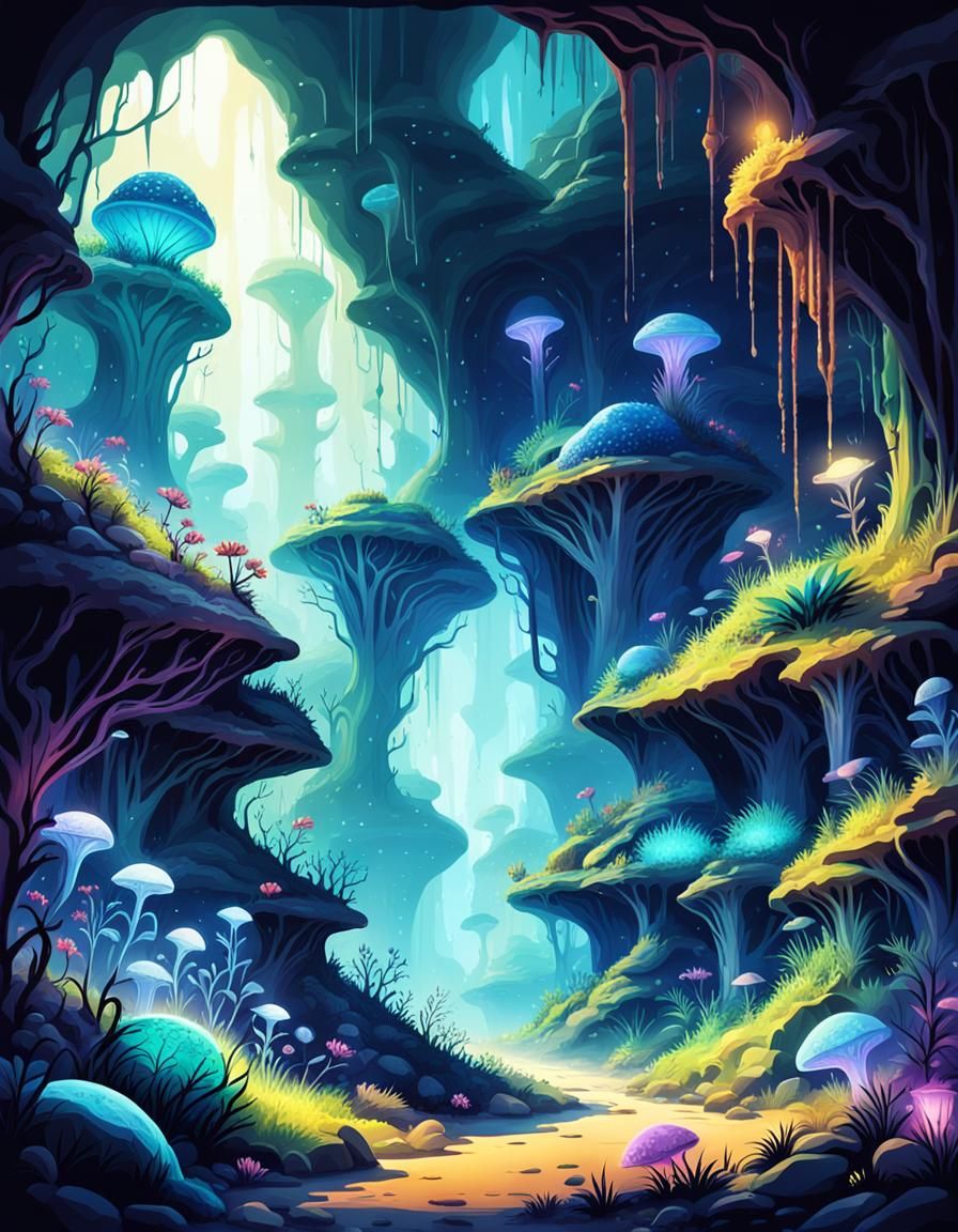 Luminescent Cave Ecosystem on Alien Planet