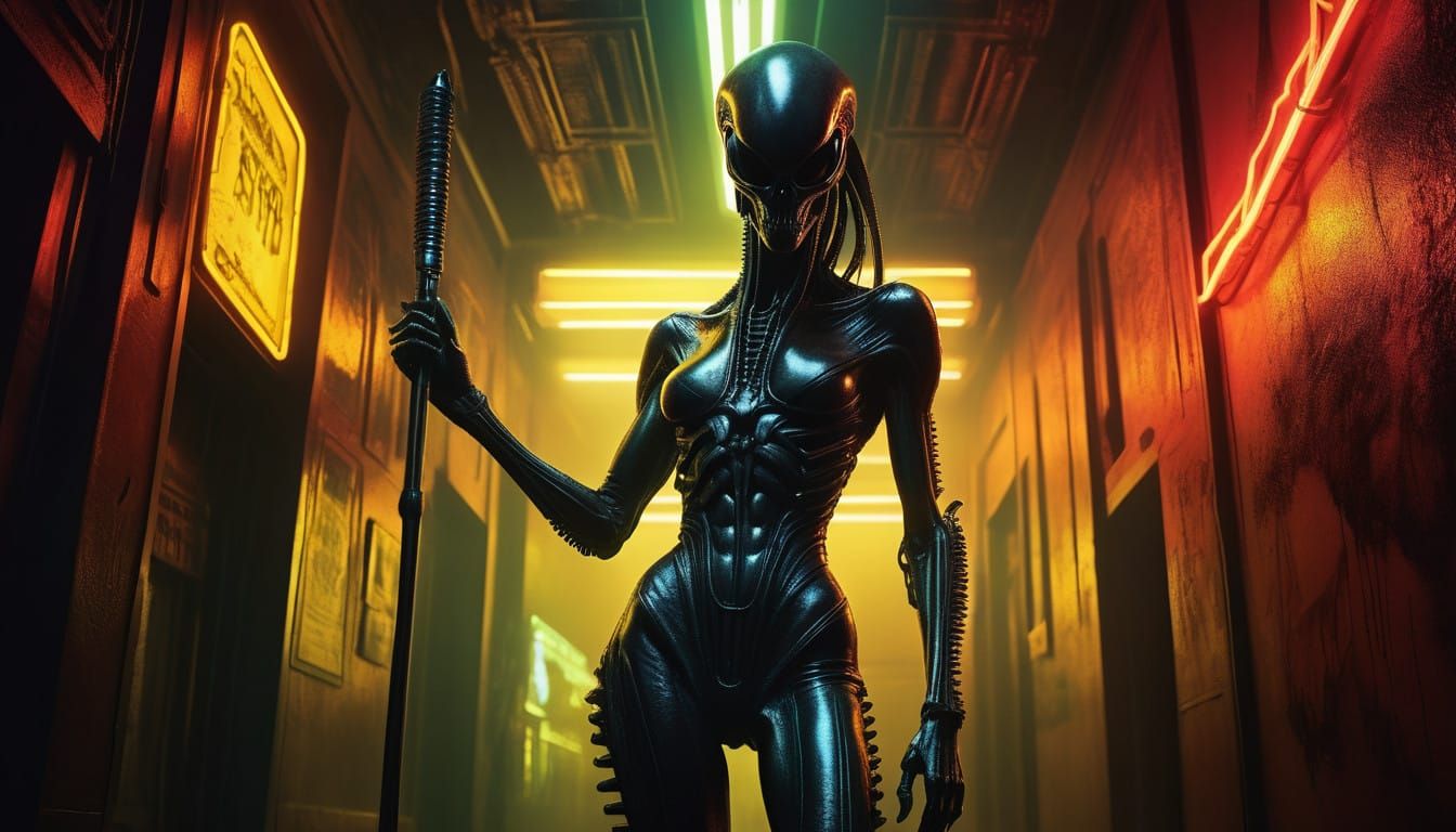 Cyberpunk Xenomorph Siren in a Neon Nightclub