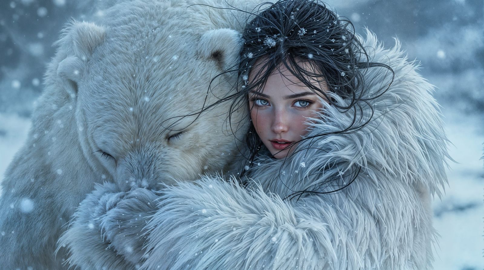 Sami Girl and Polar Bear in Arctic Blizzard