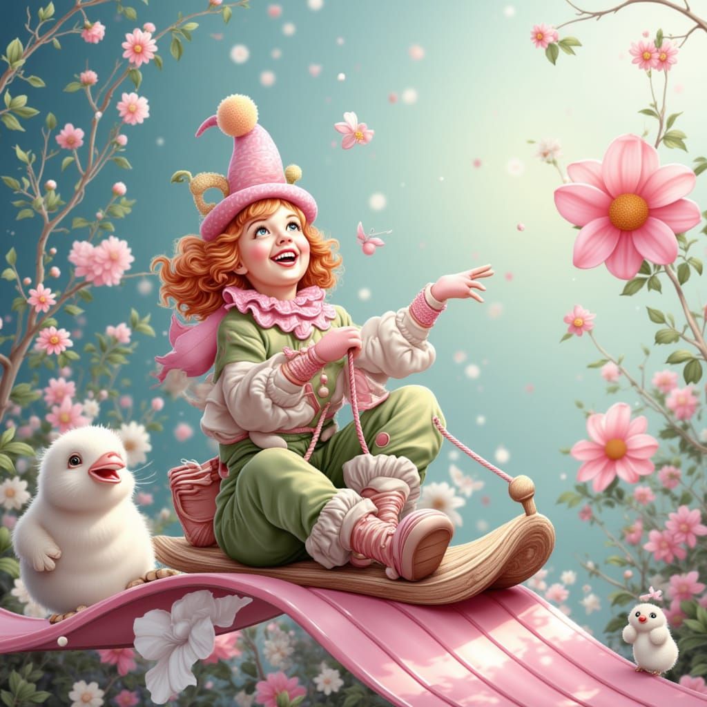 Pastel Clown Slides Down Snowy Ramp with Teddy Bears