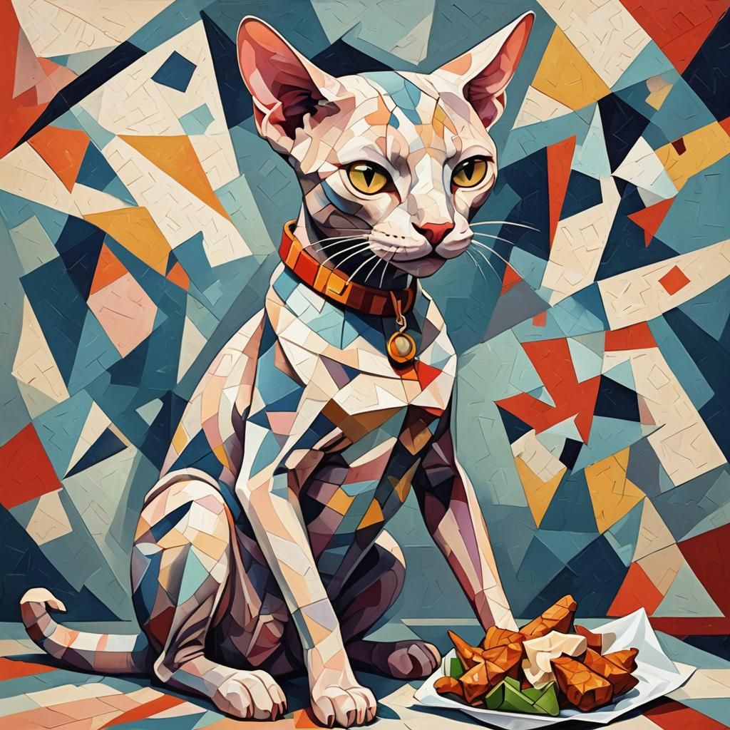 Cubist Hairless Cat with Chicken Wing