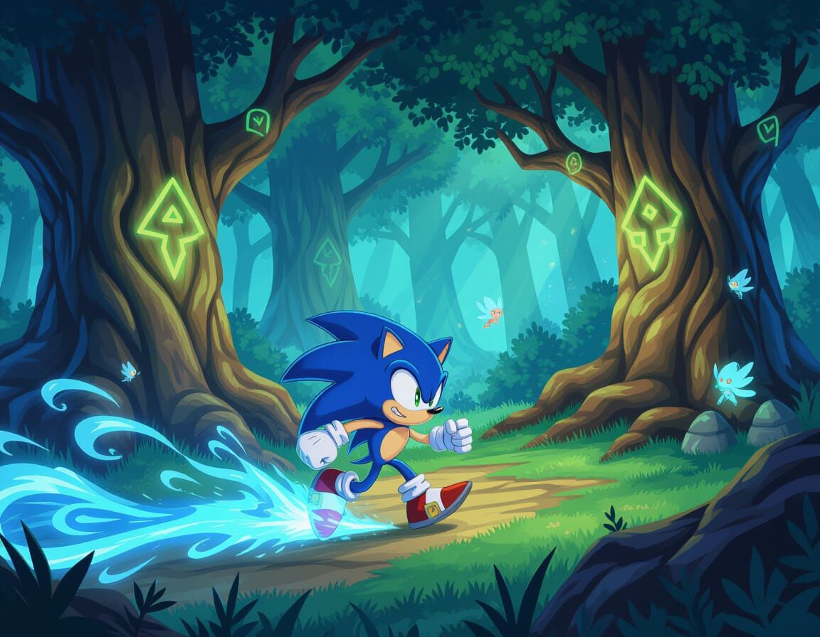 Sonic Races Through Mystical Forest in Dark Fantasy Style
