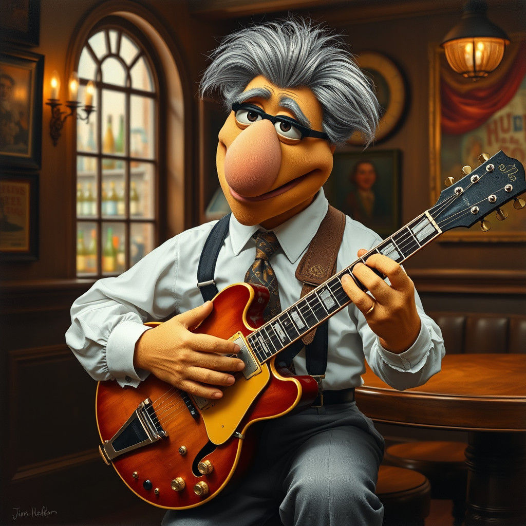 Muppet-Style Portrait of Man Playing Archtop Guitar
