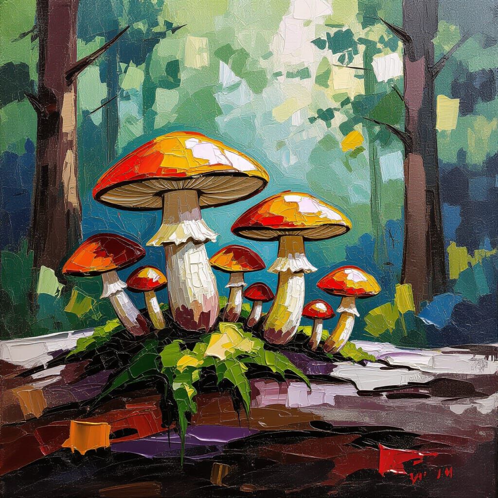 Vibrant Mushroom Growth on Log in Impasto Style
