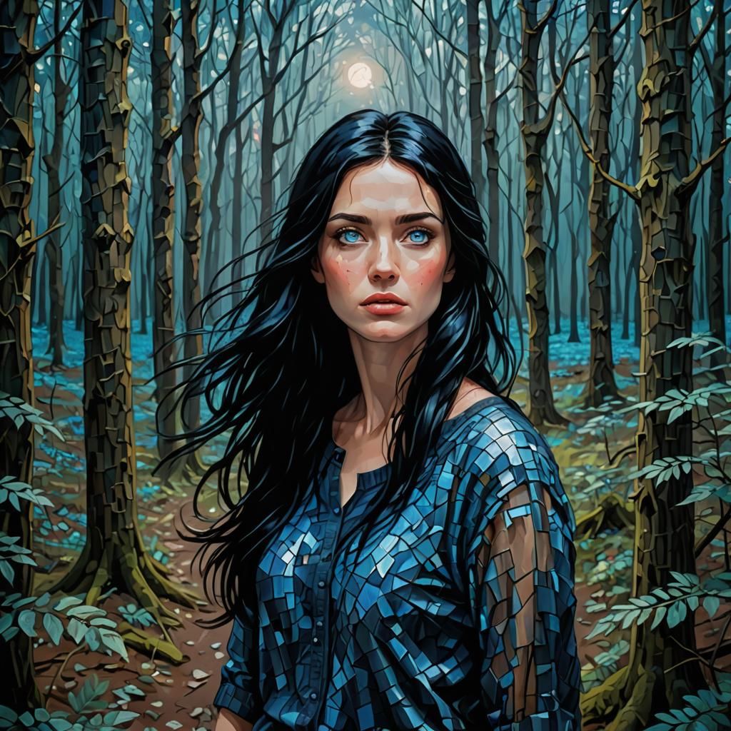 Sad Woman Runs Through Forest at Night