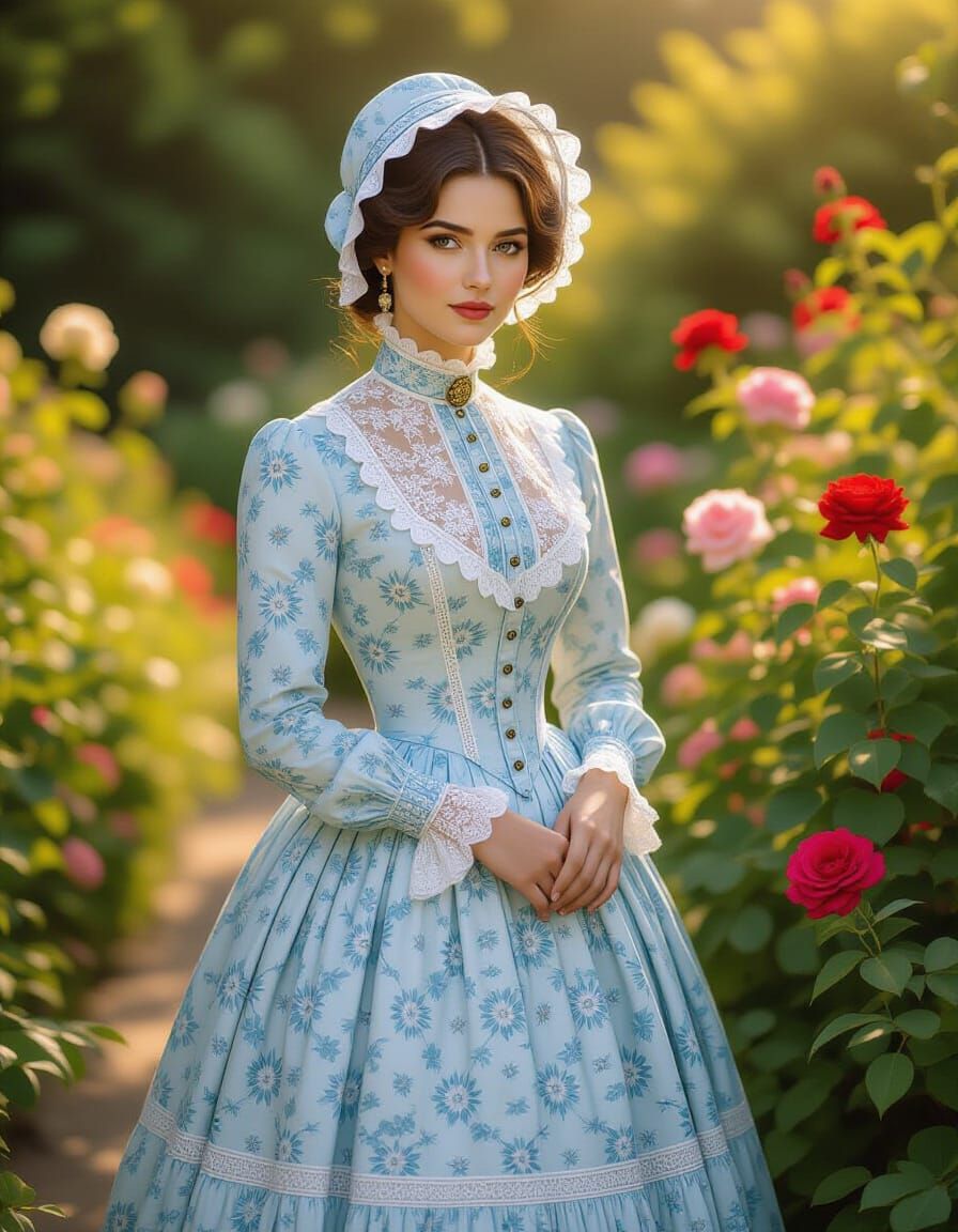 Victorian Woman in Floral Dress in Sunlit Garden