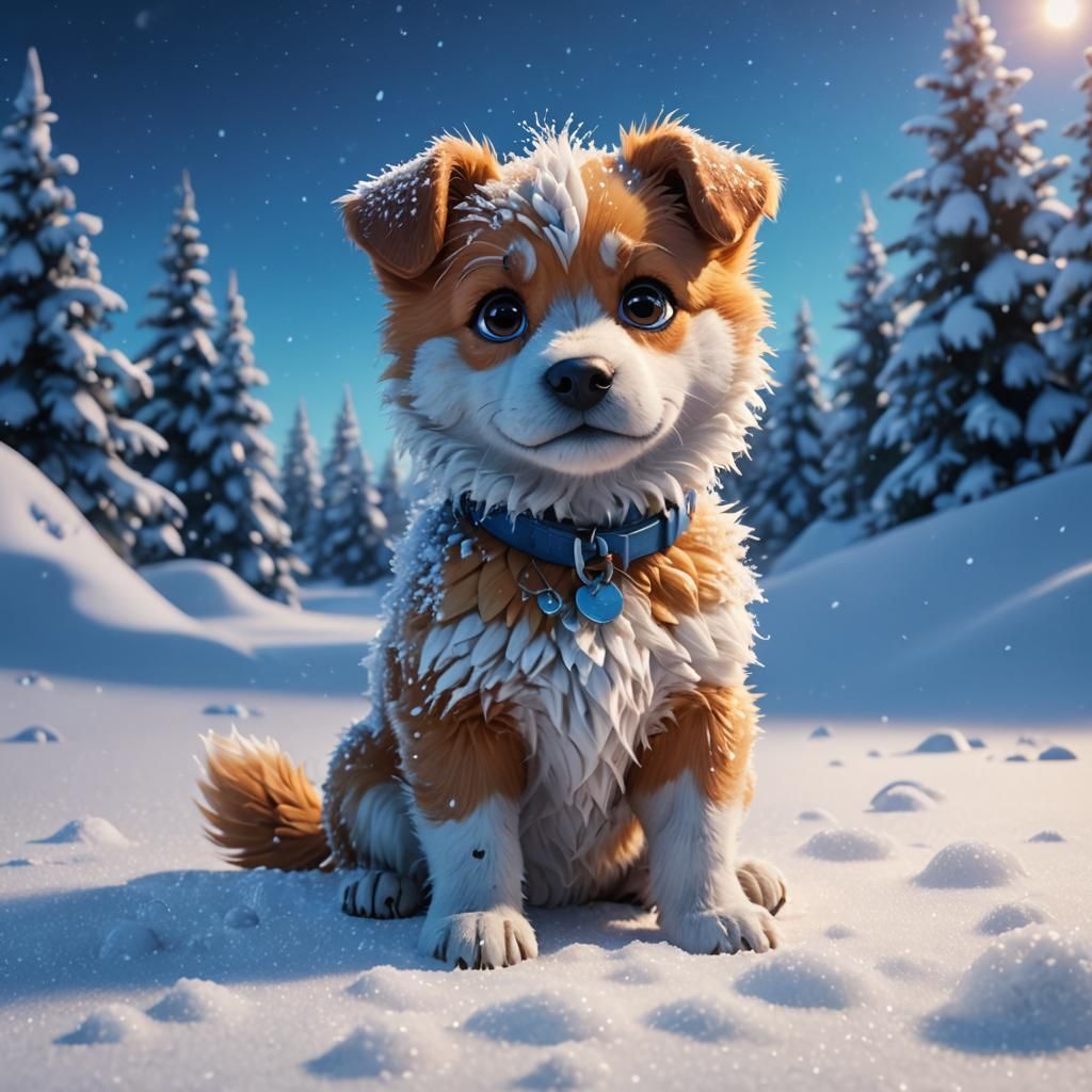 Baby Dog in Snow: 3D Pixar-Style Concept Art