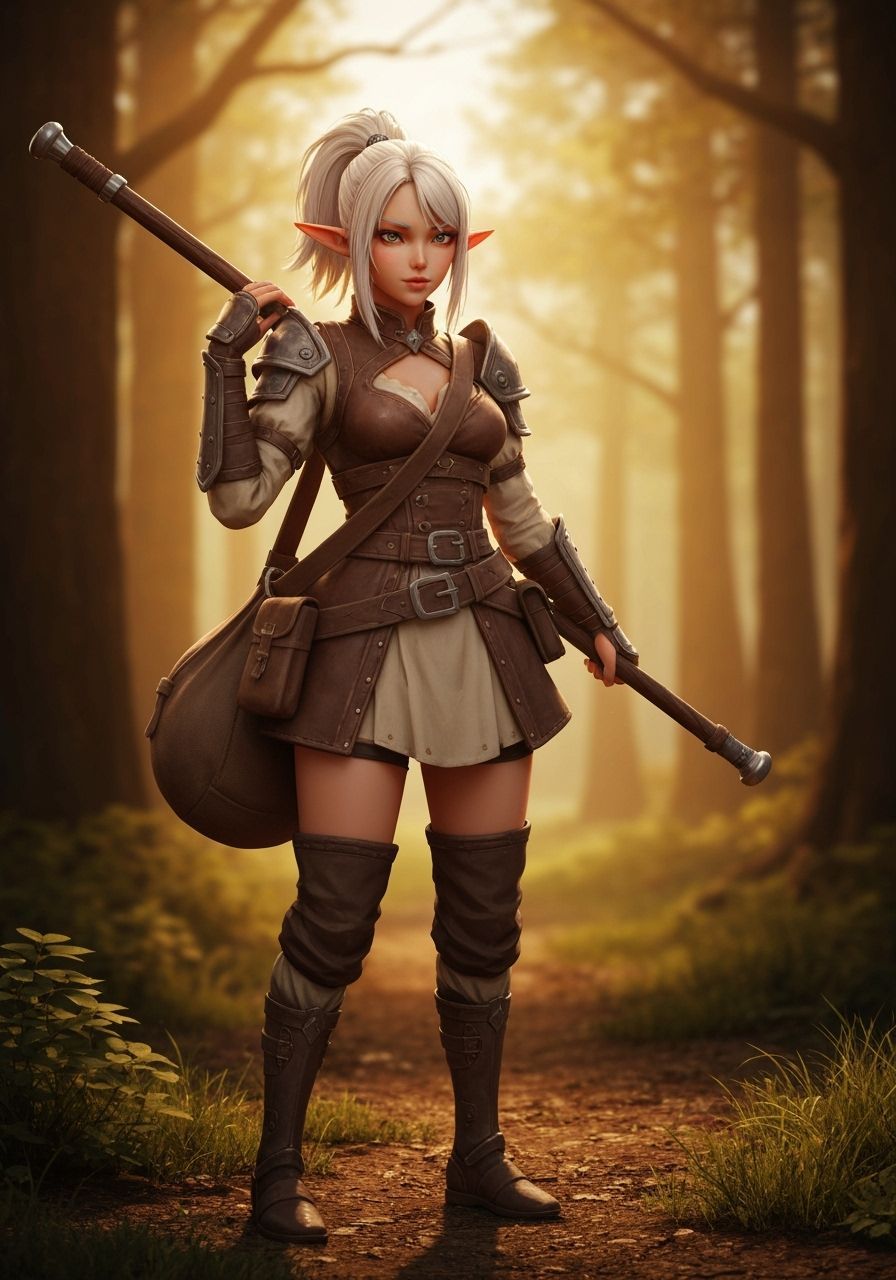 Elven Traveler in Warmly Lit Forest, 3D Anime Style
