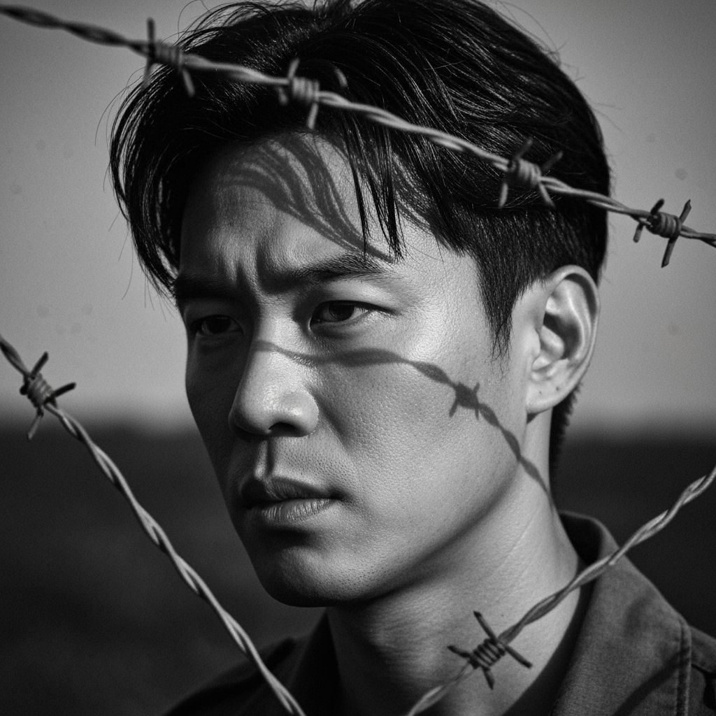 Man Behind Barbed Wire: Dramatic Portrait