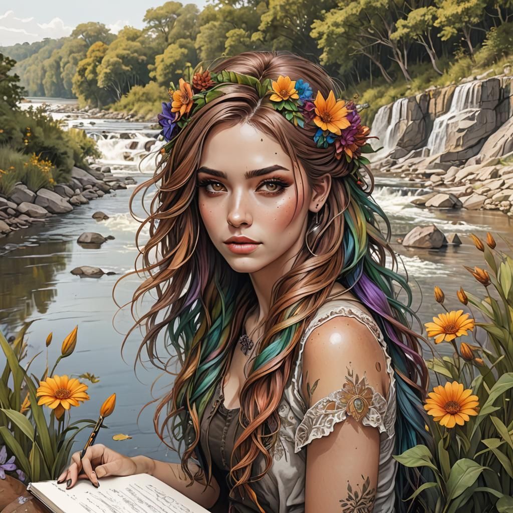 Fantasy Girl with Rainbow Hair: Sketchbook Art