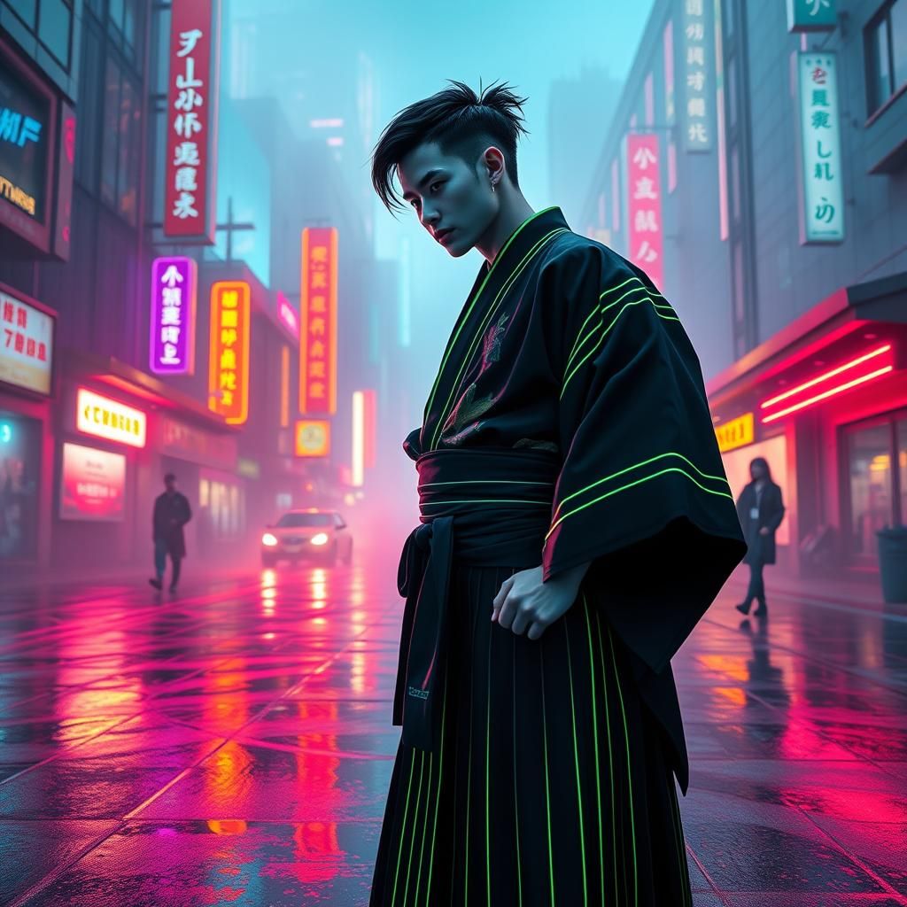 Tanjiro Kamado in Cyberpunk Dystopian Cityscape