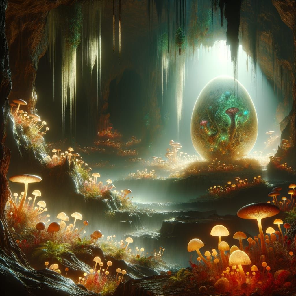 Alien Egg Chamber with Glowing Flora