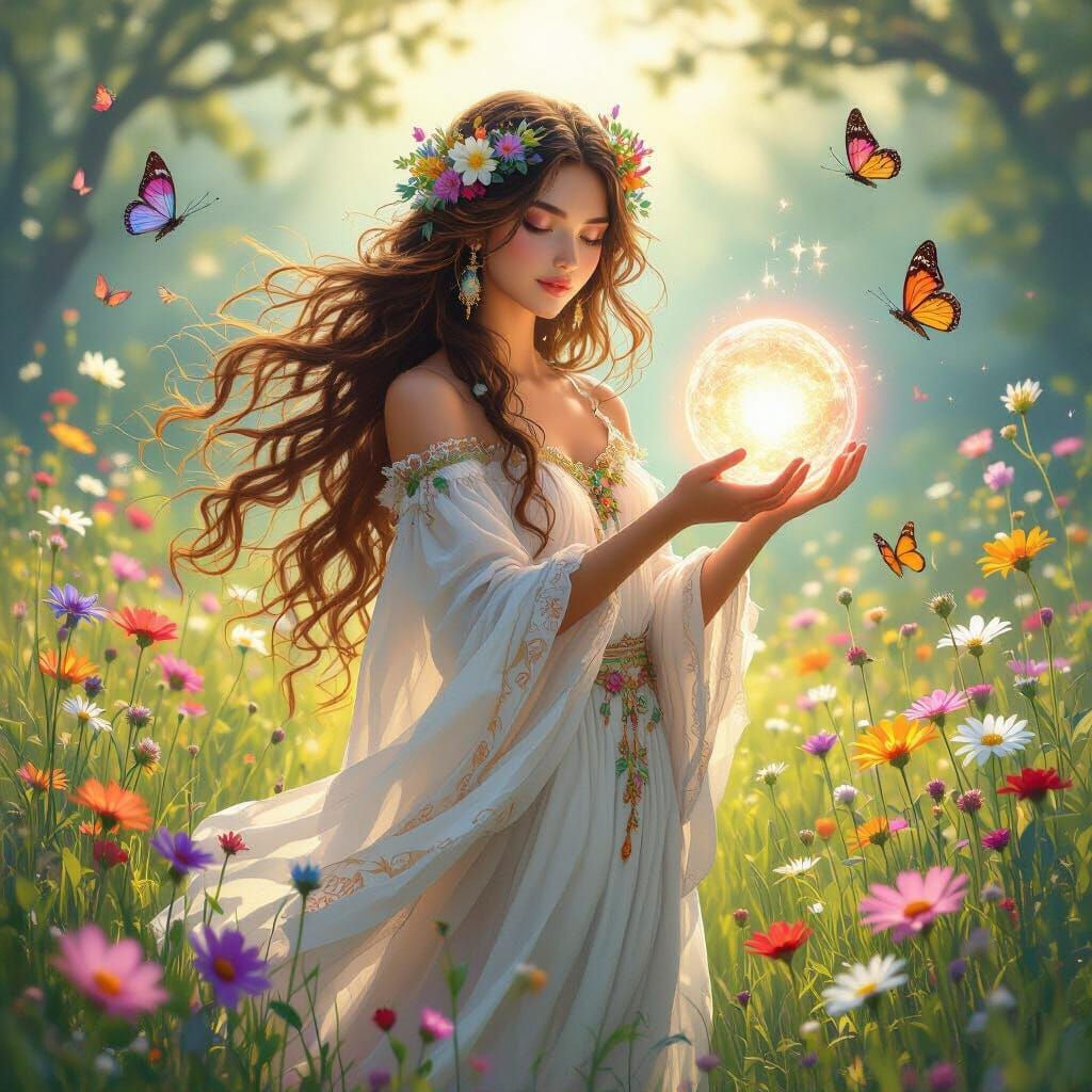 Nature Priestess in Meadow with Glowing Orb, Art Nouveau Sty...