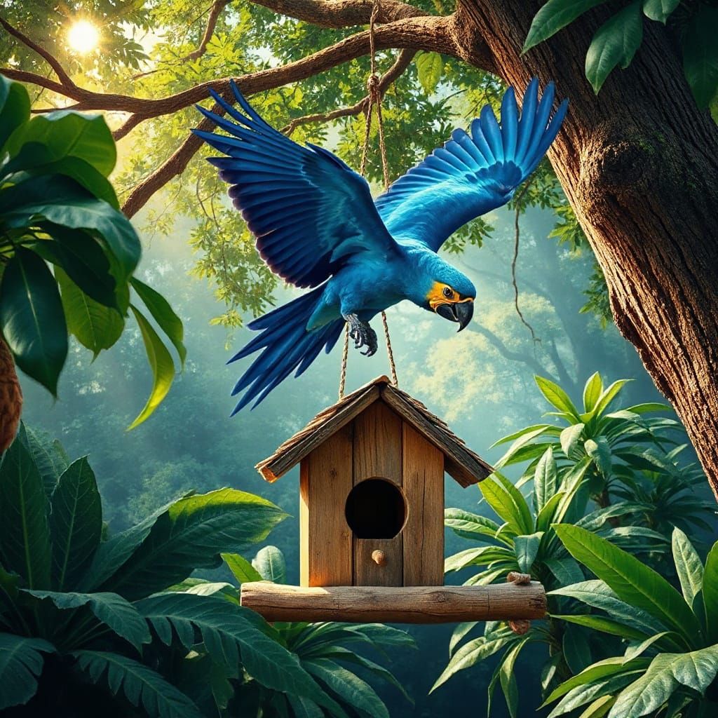 Macaw Soaring Above Birdhouse in Amazon Rainforest