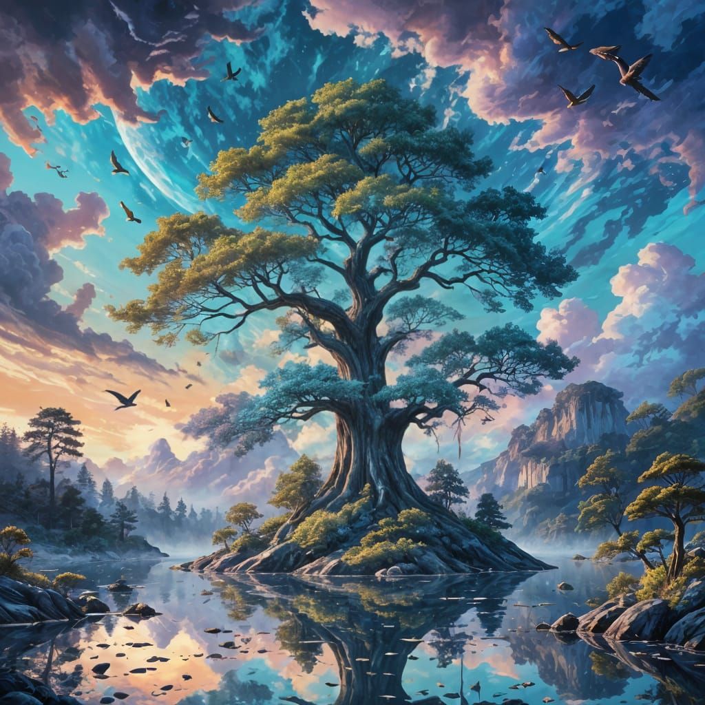 Ethereal Dreamscapes: Lavender Skies and Levitating Trees in...