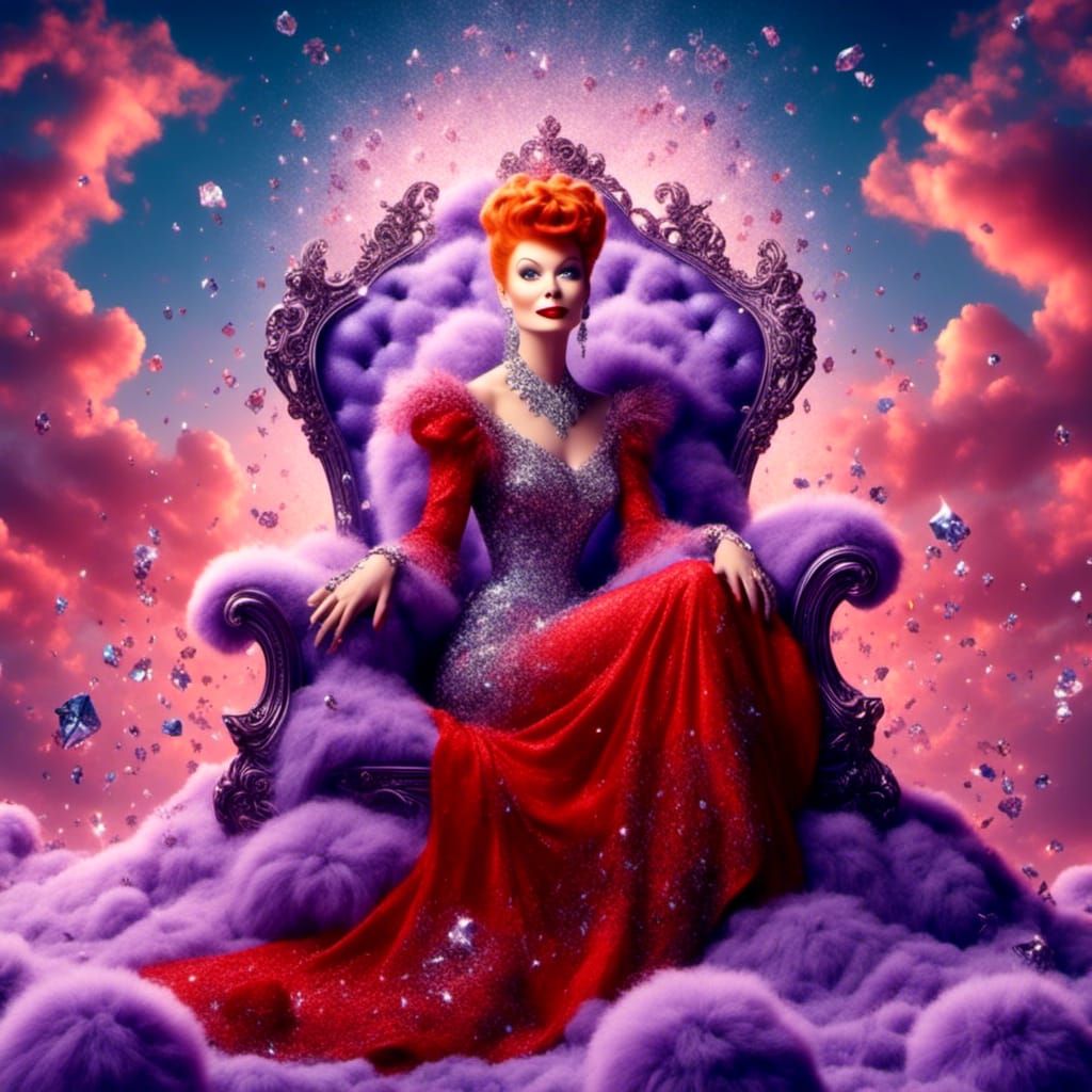 Lucille Ball sitting on a throne of diamonds in a blue sky a...
