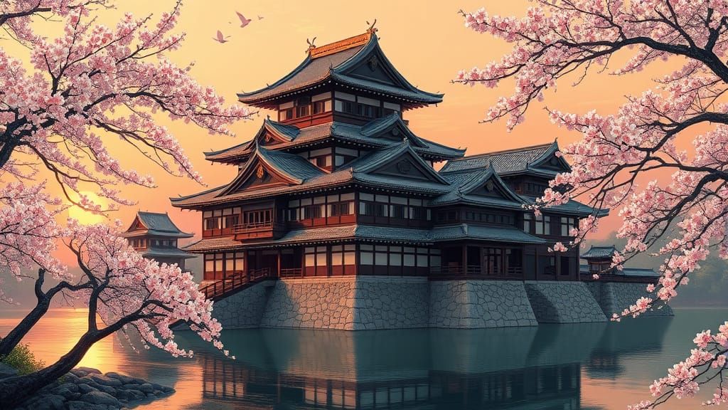 Japanese Castle with Cherry Blossoms in Ukiyo-e Style