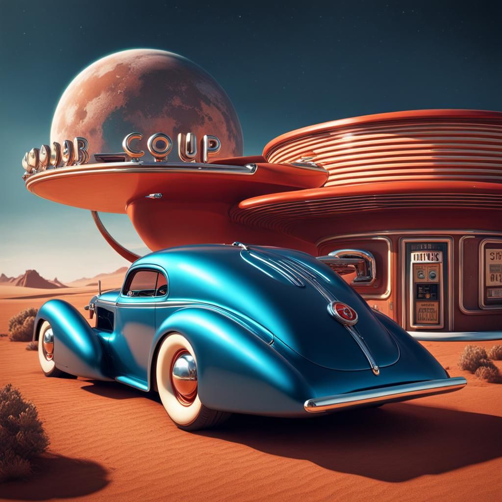 Art Deco Car on Mars, Detailed Matte Painting