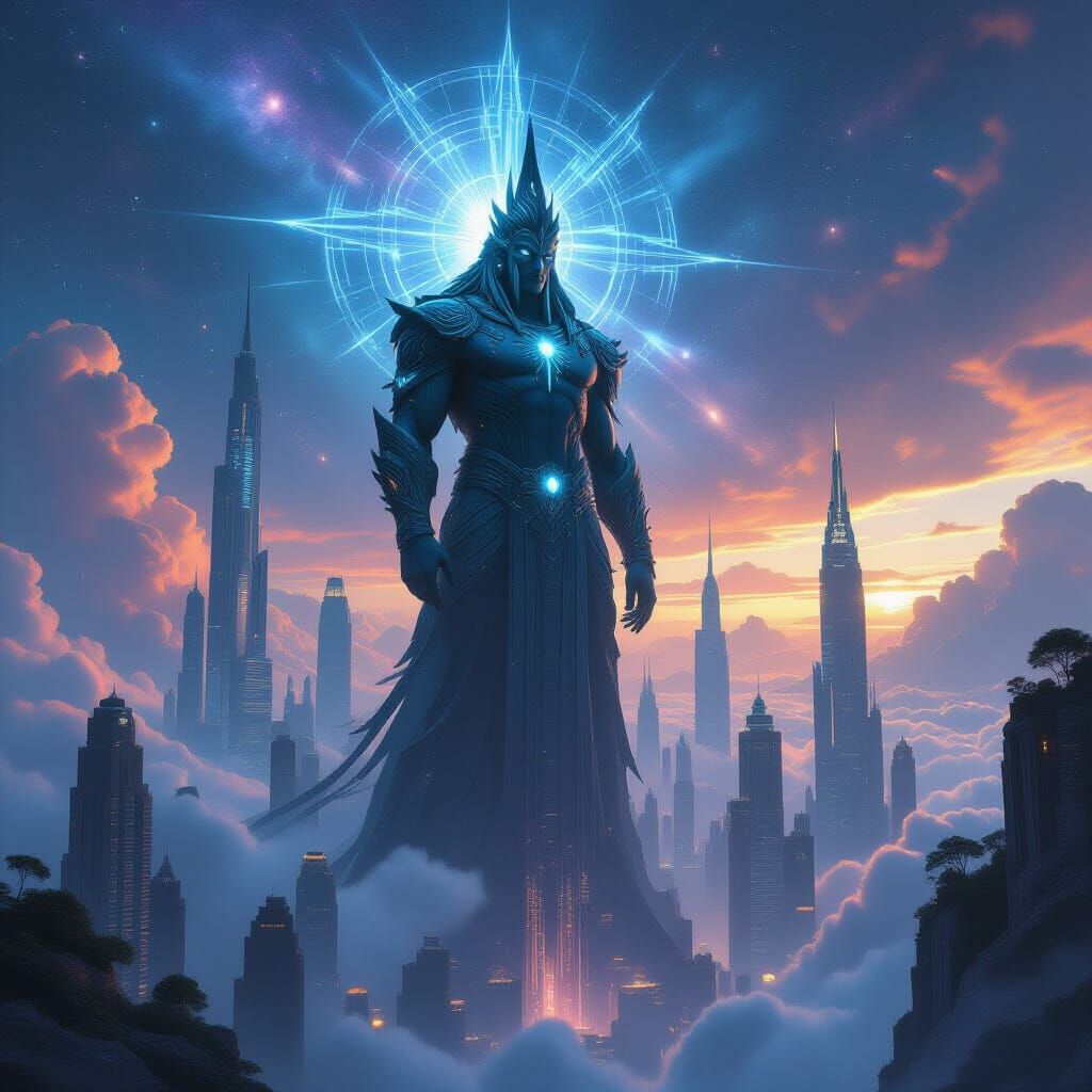 Ancient God Overlooking Futuristic Metropolis in Epic Fantas...