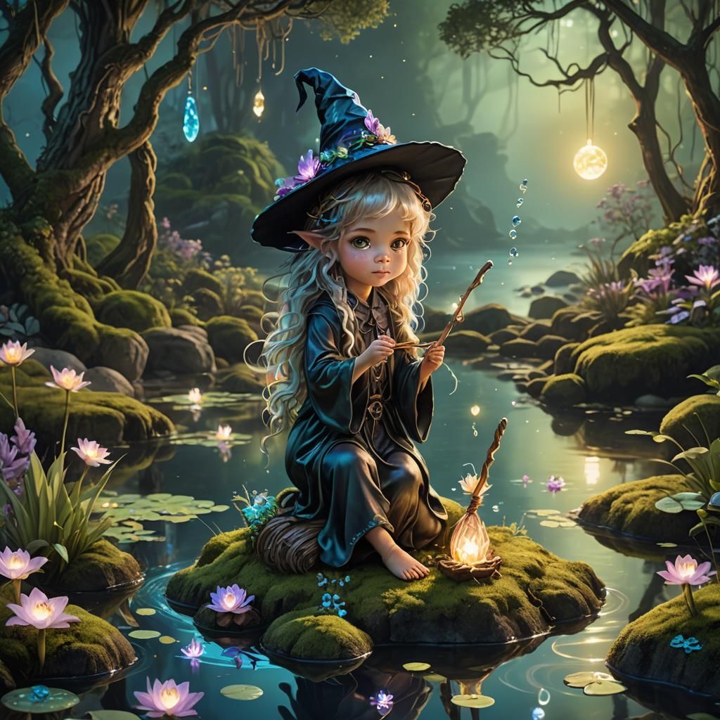 Mystical Lake with Baby Witch, as Fantasy Art