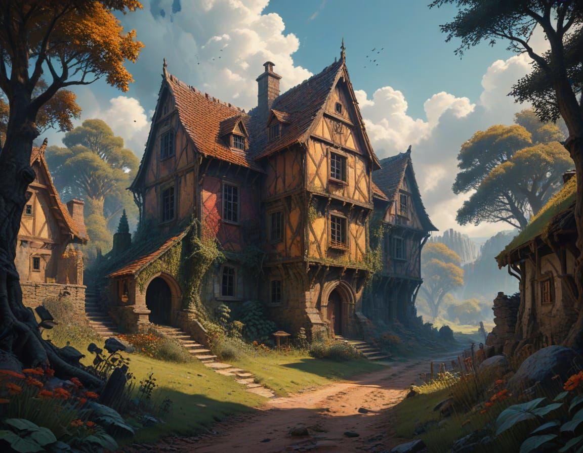 Ethereal Gothic Village of Moving Shadows in Gouache Style