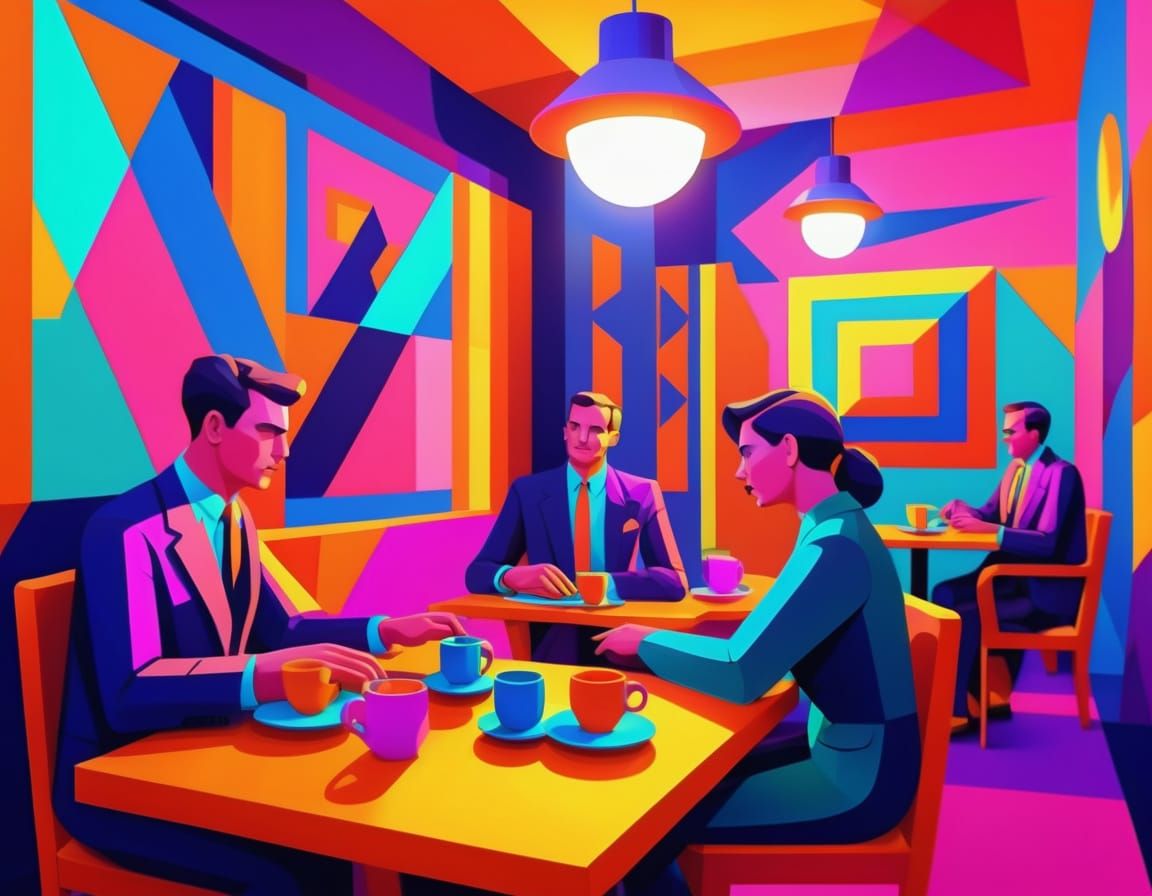 Vibrant Neo-Cubist Cafe Scene with Angular Geometric Pattern...
