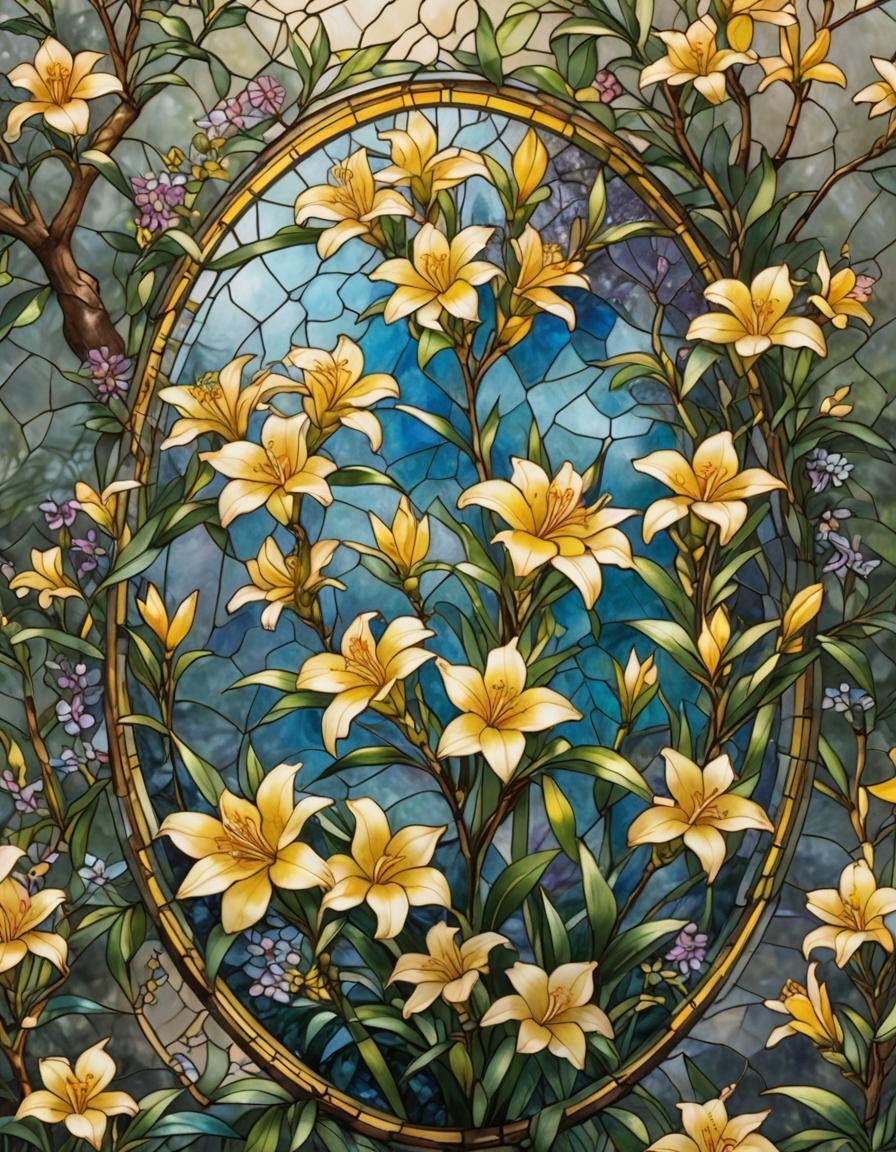 Stained Glass Oval with Yellow Oleander Flower