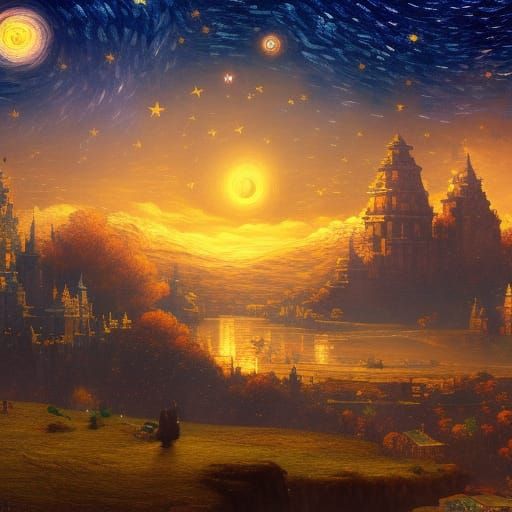 Starry Night with Flying Pigs in Detailed Matte Painting