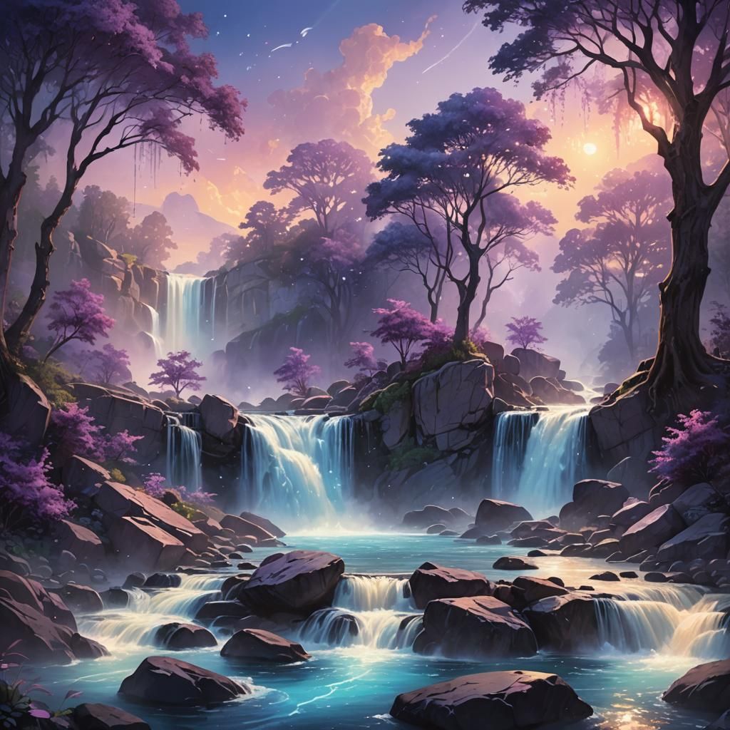 Dreamy Crystal Waterfalls in Fantasy Landscape
